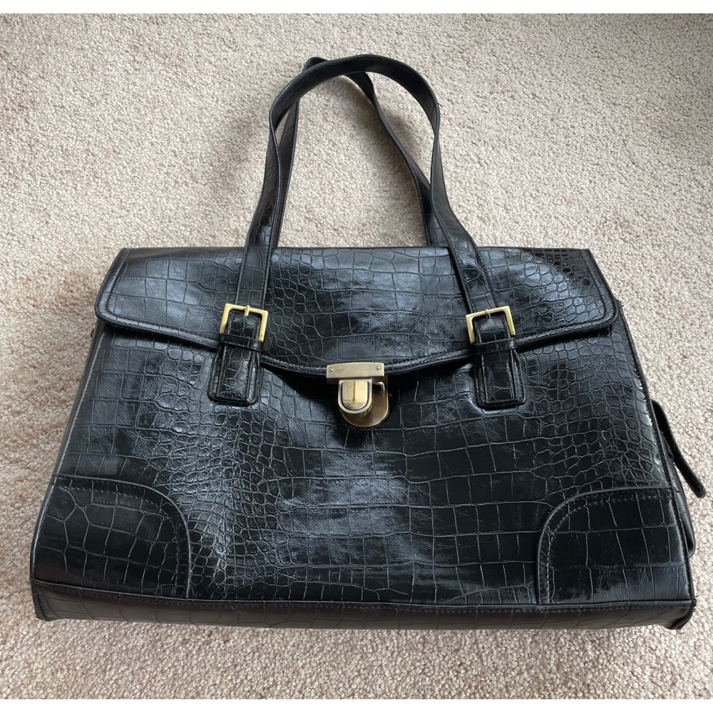 Worthington Vintage Black Faux Alligator Briefcase Computer Work Shoulder Bag